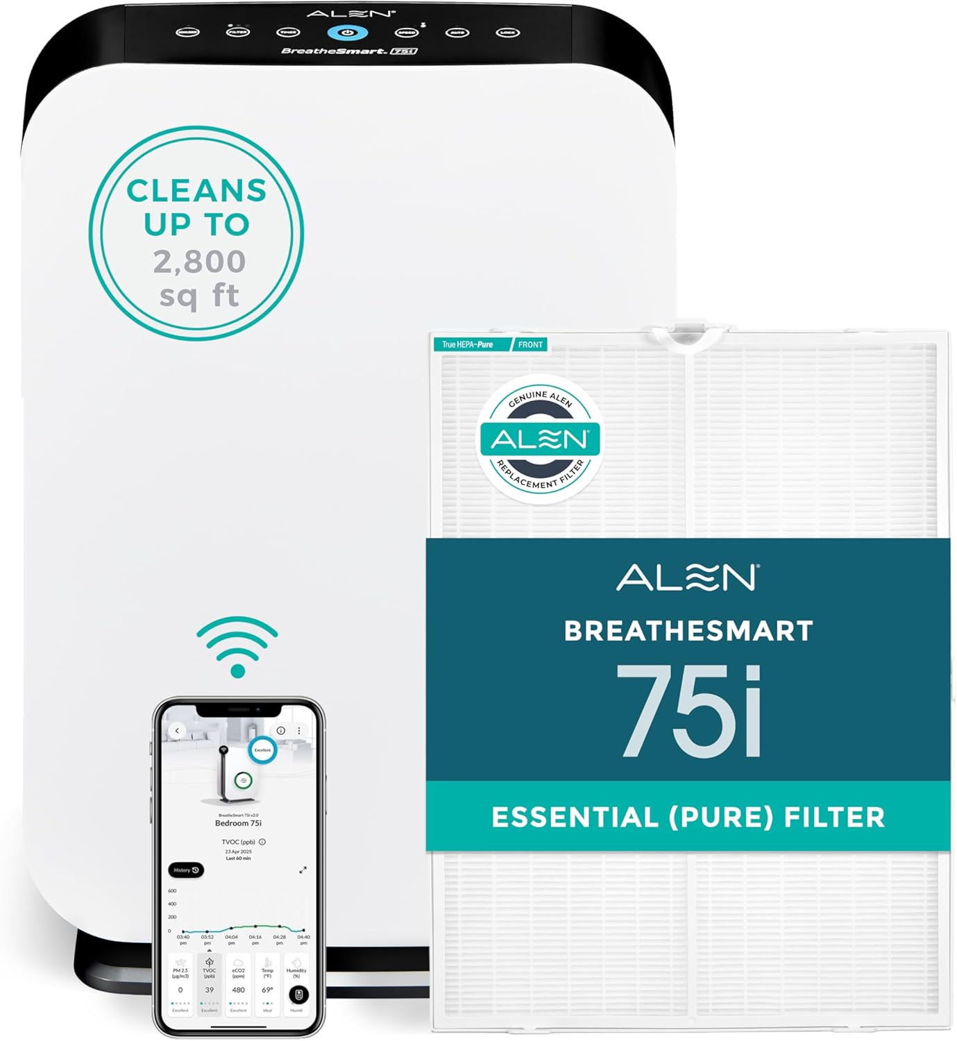 Alen BreatheSmart 75i HEPA Air Purifier | Covers 2,800 Sq Ft, Pure HEPA Filter, Removes Allergens, Dust, Mold & VOCs, Quiet Operation – White