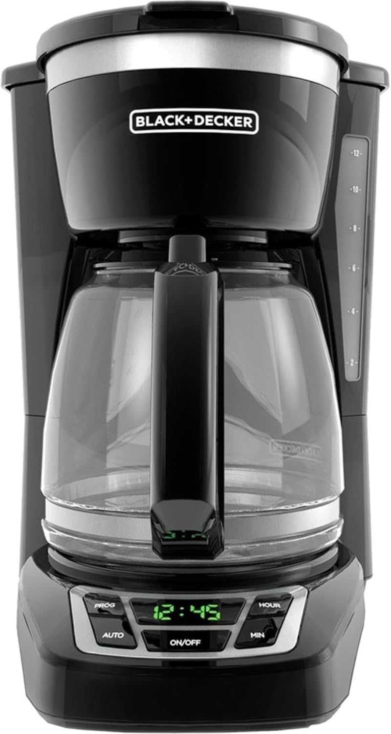 BLACK+DECKER 12-Cup Programmable Coffee Maker | Pause & Pour, Reusable Basket Filter, Keep Warm Plate, Visible Water Level, Digital Display – CM1160B, Black