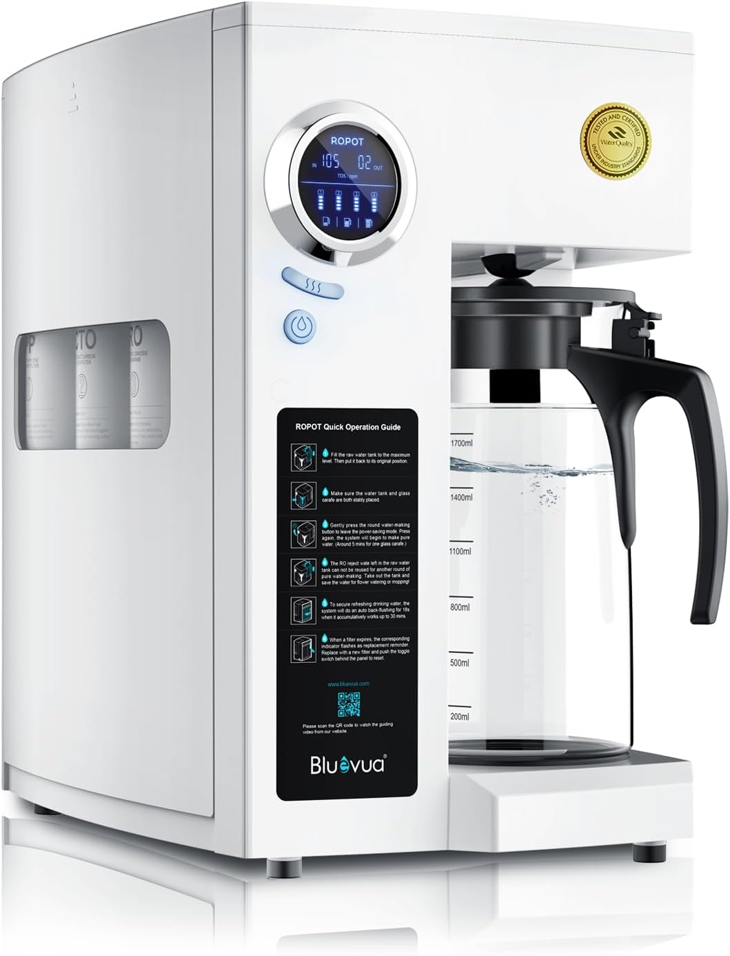 Bluevua ROPOT Countertop Reverse Osmosis Water Filter | 5-Stage RO + Remineralization, No Installation Needed, WQA Certified, Portable RO System for Home Kitchen