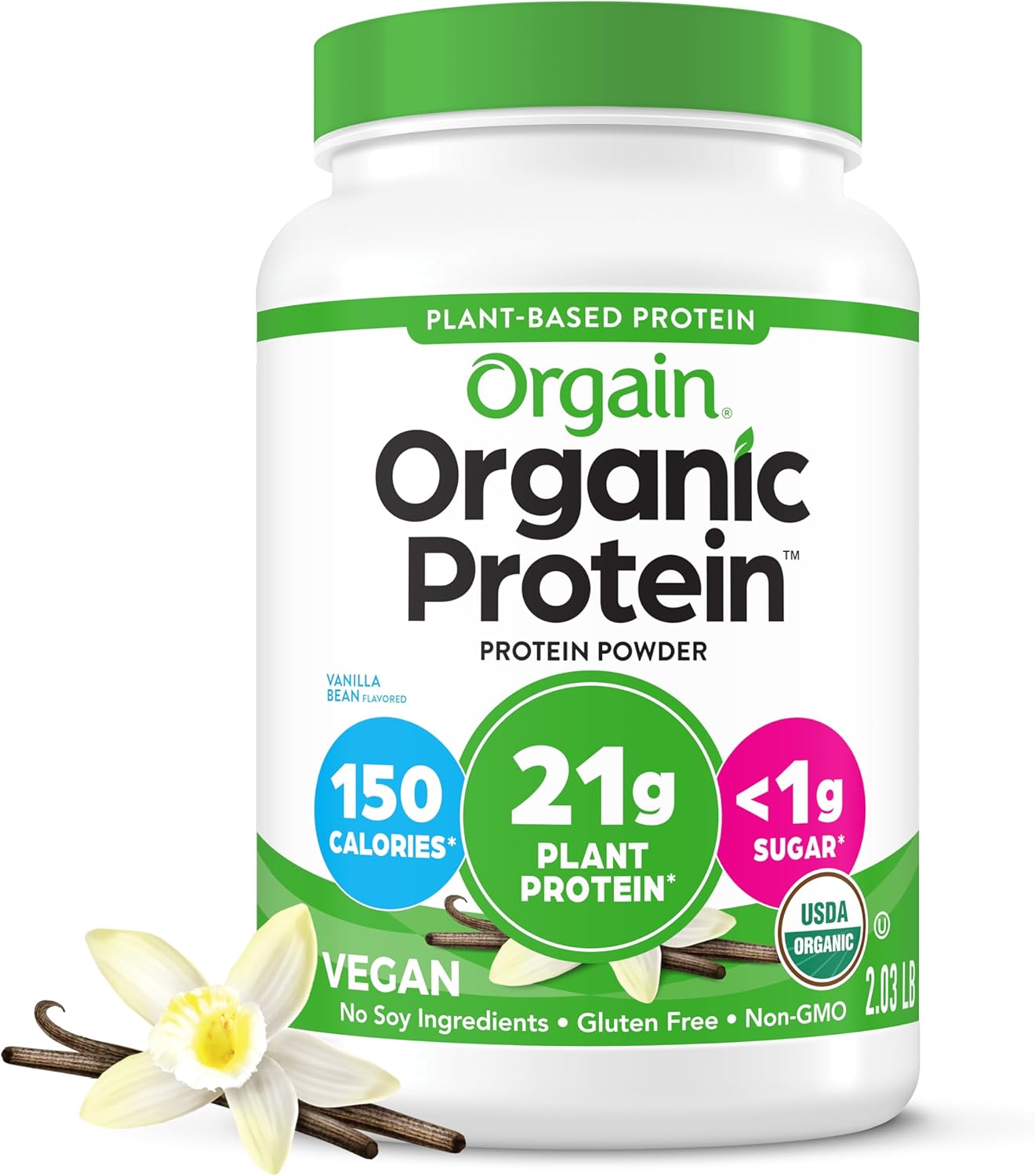 Orgain Plant Based Organic Protein Powder - Vanilla Bean - 21g Vegan Protein, 6g Fiber - Soy Free, No Added Sugar - Best Vegan Protein for Smoothies & Meal Replacement - 2.03 lb